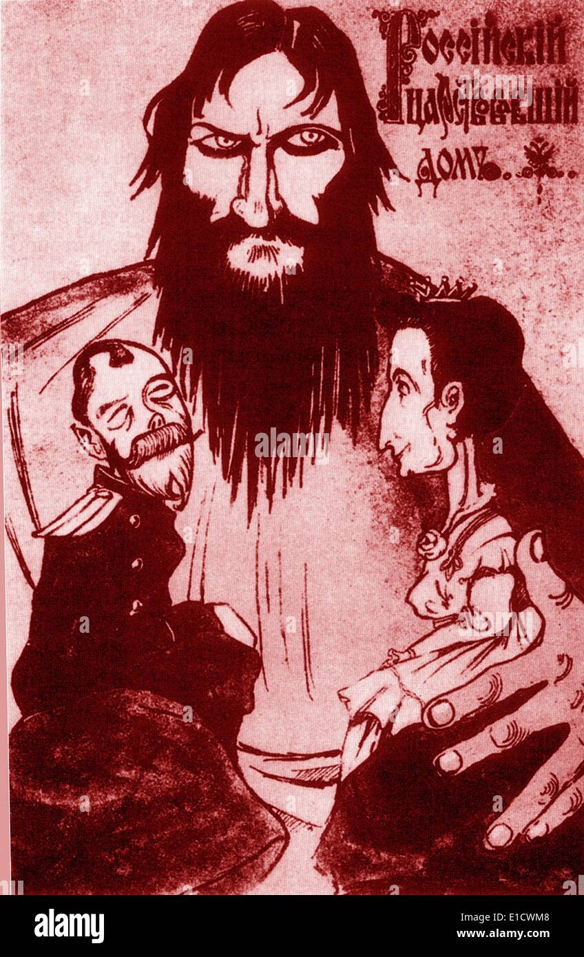 Grigori Yefimovich Rasputin 1869-1916 mostrato come l'eminenza gris controllare lo Zar e la zarina.. Sacerdote russo e mistico che divenne un consulente privato per il Romanovs, che divenne una figura influente negli ultimi anni del Tsar Nicholas Foto Stock