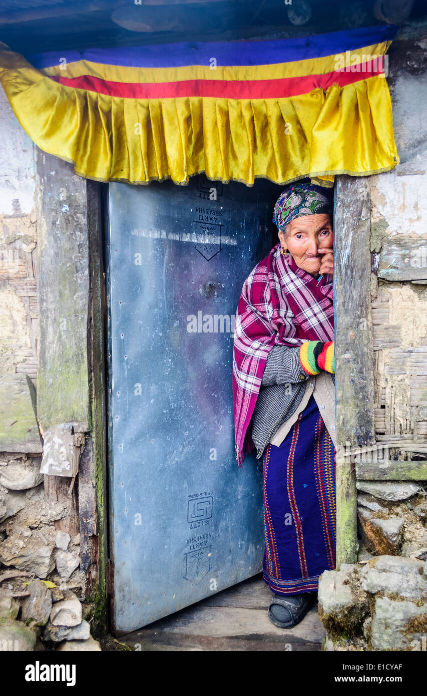 Vecchia Signora nepalese sorridente con la faccia felice, in piedi presso la porta decorata, spazio di copia Foto Stock