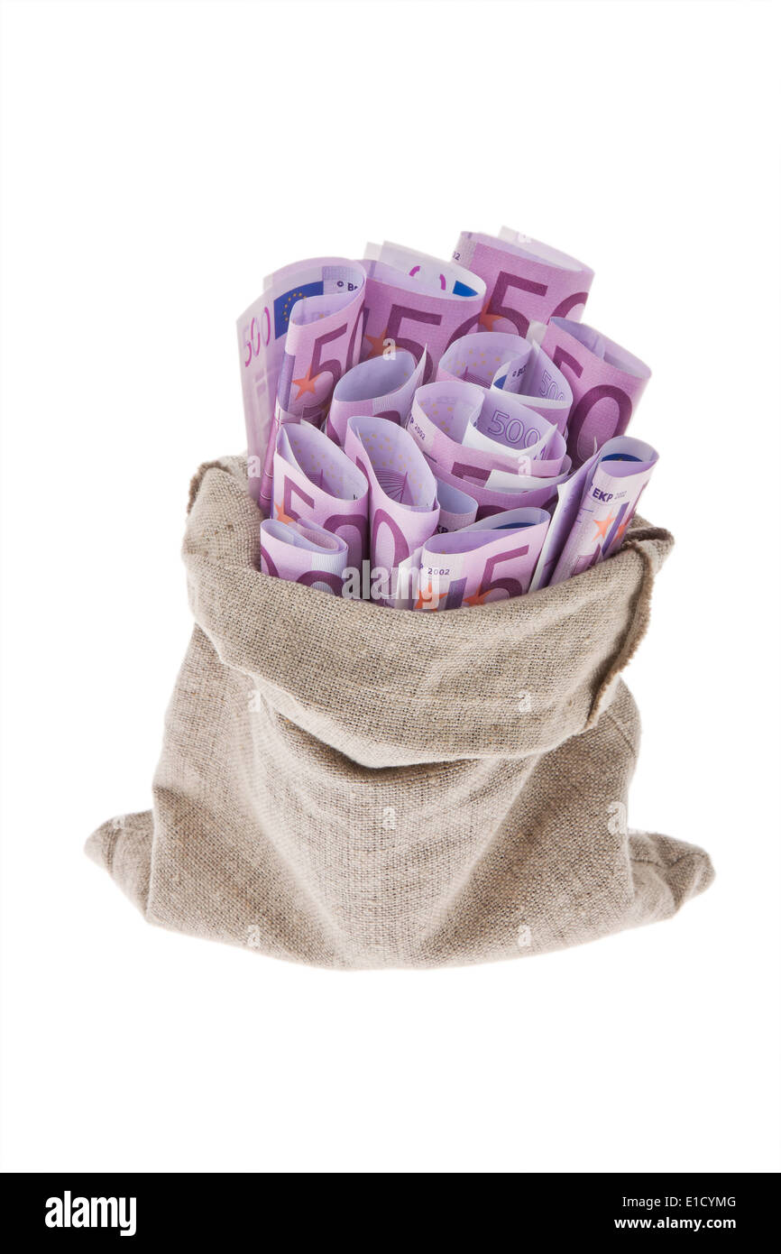 Un sacchetto con un sacco di € le fatture. Ricchezza. Foto Stock