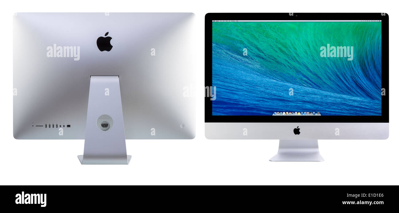 Nuovo iMac 27 con OS X non conformisti. Vista anteriore e posteriore del nuovo Apple iMac 27 pollici contro uno sfondo bianco. Foto Stock