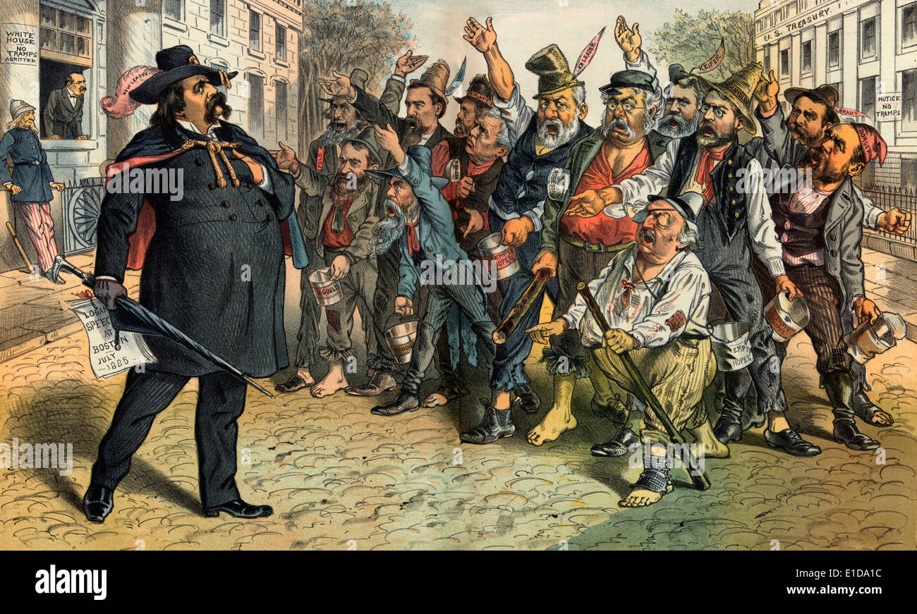 Illustrazione mostra John Logan etichettato 'nuovo leader del Partito Repubblicano, il "partito di riforma e Puritee', in possesso di una Carta che afferma "Logan Speec[h] a Boston Luglio 1885', in piedi la strada tra la Casa Bianca e gli Stati Uniti Tesoro, portando un coro di barboni identificato come "J. Gould, Campo Mahone, Roach, Riddleberger, T. Platt, ex leader [James G. Blaine], Robeson, Keifer, Chandler, Brady, [e] Dorsey', e non identificato un uomo cieco che assomiglia a Benjamin F. Butler; alcuni portano martoriata mano-secchi etichettato 'Vuoto speranze". Cartoon politico 1885 Foto Stock