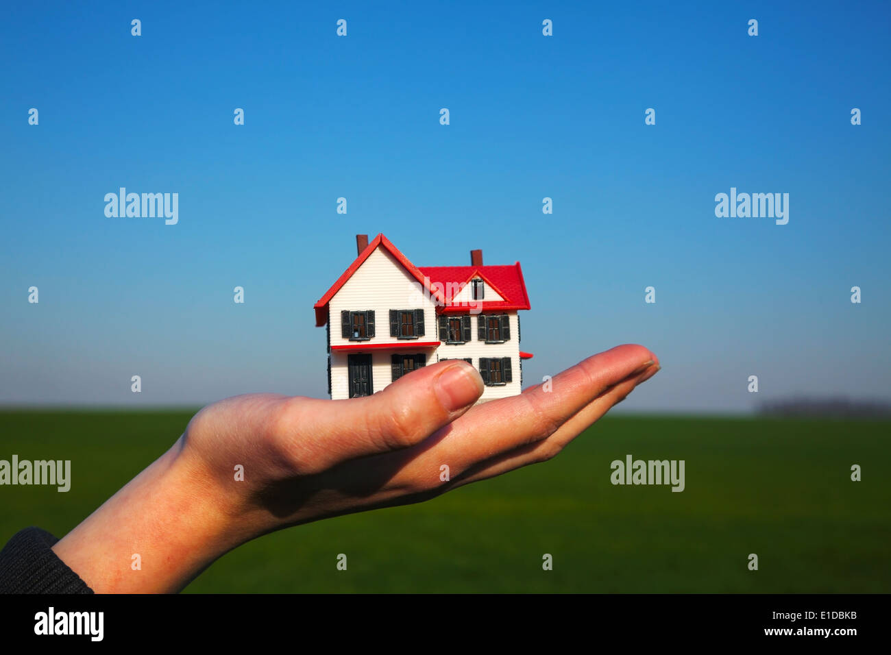 Femmina lato tenendo un modello di edificio residenziale Foto Stock