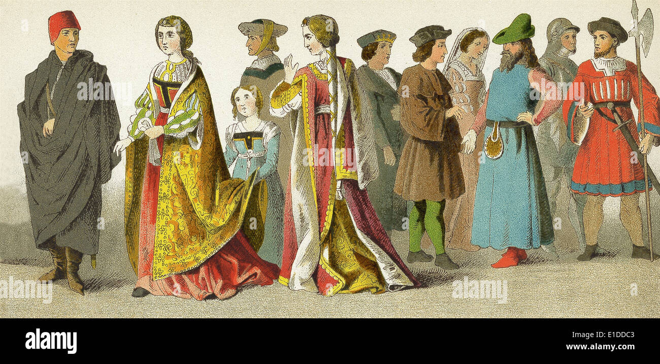 Spagnolo a 1400s: Henry IV, Princess e attendant, cavaliere, princess, Ferdinando il Cattolico, tre notabili, cavaliere, soldato. Foto Stock
