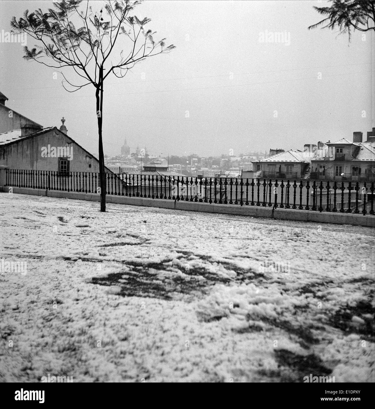 Lisbona, Portogallo, ha vissuto una nevicata rara, un evento meteorologico insolito che ha attirato l'attenzione e che è diventato una parte memorabile della storia meteorologica della città. Foto Stock