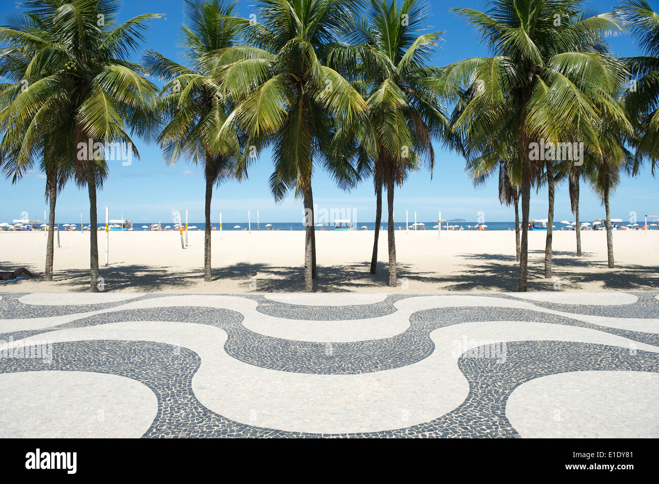 Curvatura iconica marciapiede tile pattern con palme sulla spiaggia di Copacabana a Rio de Janeiro in Brasile Foto Stock