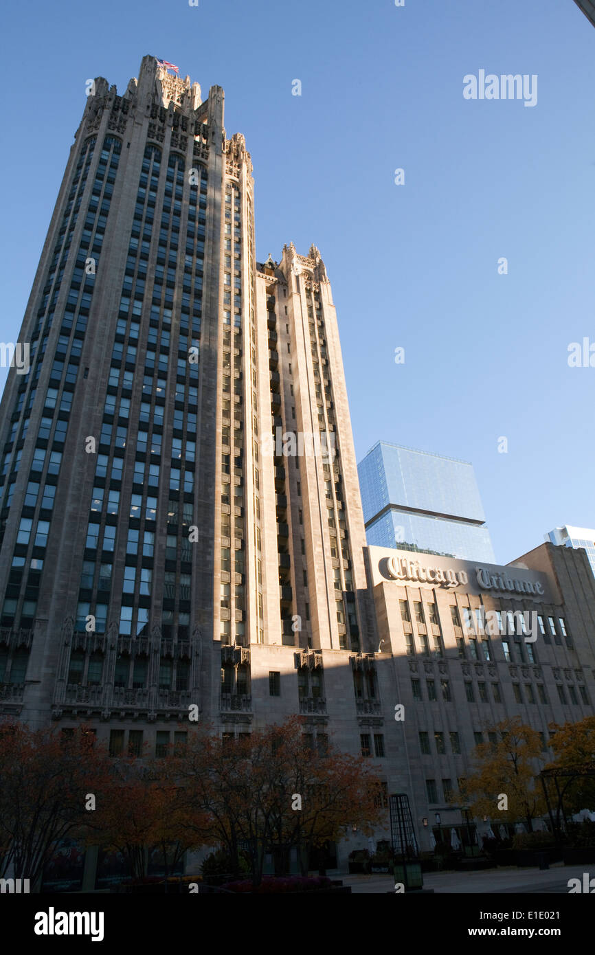 Una vista del Chicago Tribune Building a Chicago, Illinois Foto Stock