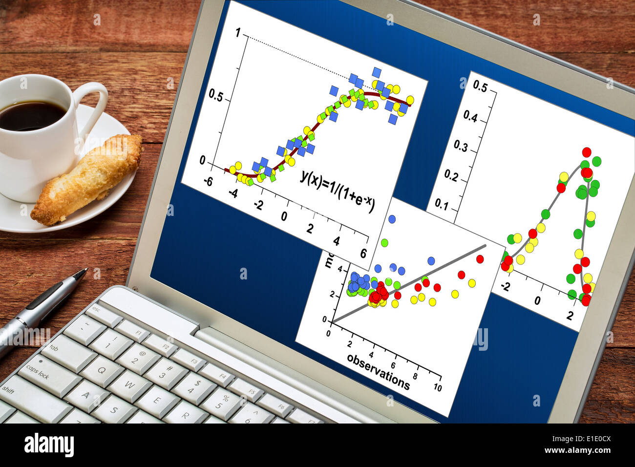 Rivedere e analizzare i dati scientifici grafici sul computer portatile con una tazza di caffè Foto Stock