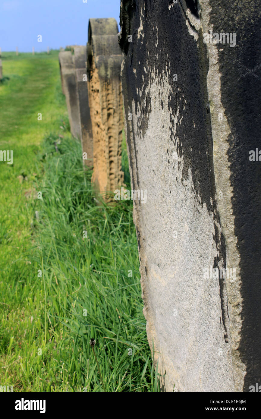 Fila di antiche tombe in un cimitero rientranti nella distanza. Foto Stock