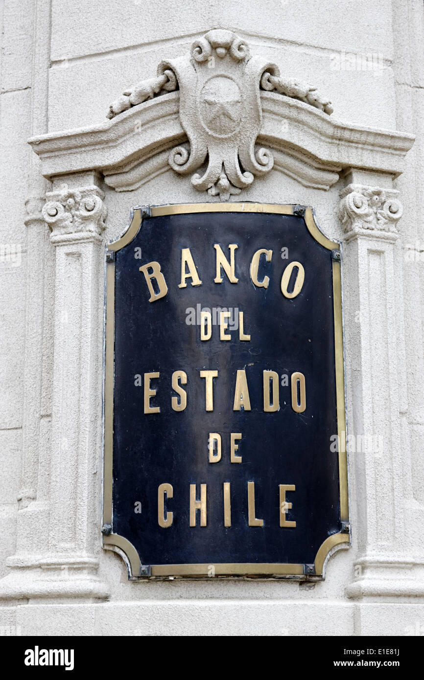 La placca del banco del Estado de chile stato cileno bank Punta Arenas in Cile Foto Stock