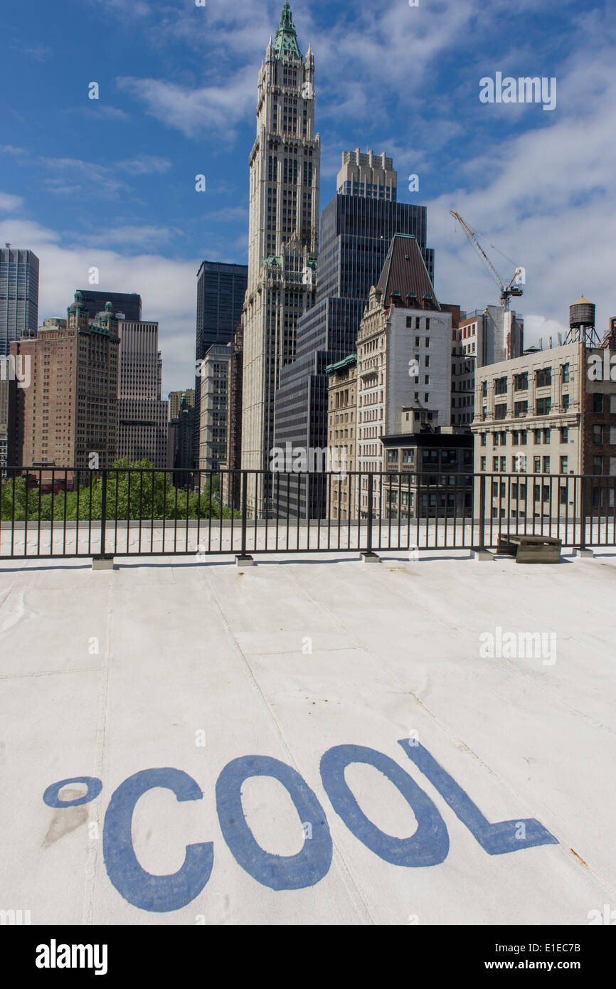Cool, bianco materiali di copertura per raffreddare il tetto di un edificio federale, su Broadway a New York City. Foto Stock