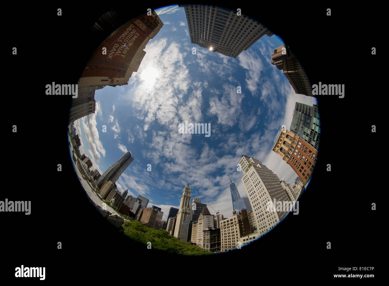 180 grado distorta lente fish-eye cityscape su Broadway, Lower Manhattan, New York City. Foto Stock