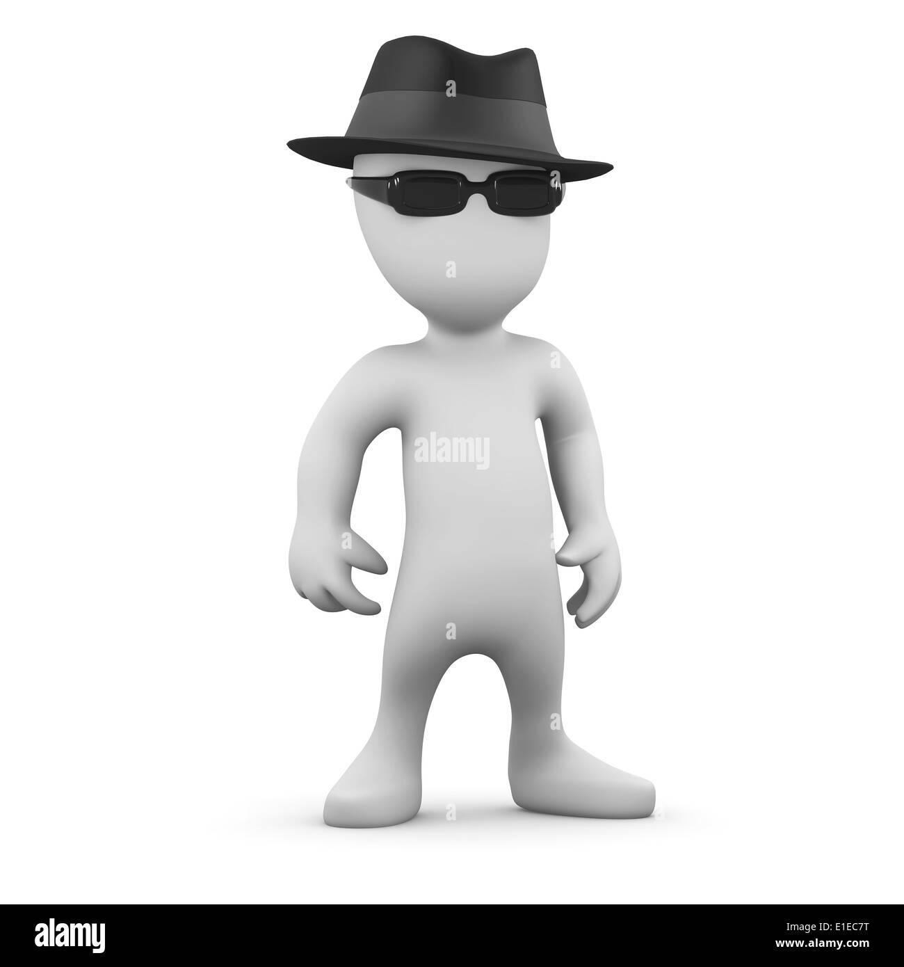 3d piccola persona è vestito in incognito in occhiali da sole e cappello trilby Foto Stock