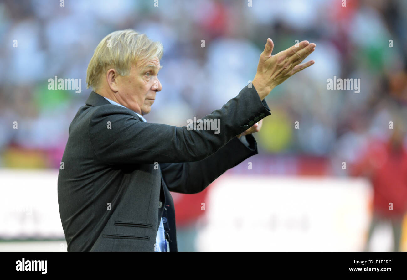 Moenchengladbach, Germania. Dal 01 Giugno, 2014. In Camerun capo allenatore Volker Finke reagisce durante il cordiale partita di calcio tra la Germania e il Camerun presso il Borussia Park Stadium di Moenchengladbach, Germania, 01 giugno 2014. Foto: Federico Gambarini/dpa/Alamy Live News Foto Stock