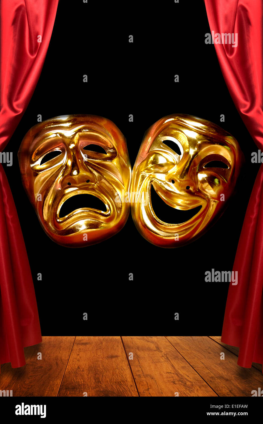 Le maschere della tragedia e della commedia sul palco Foto Stock