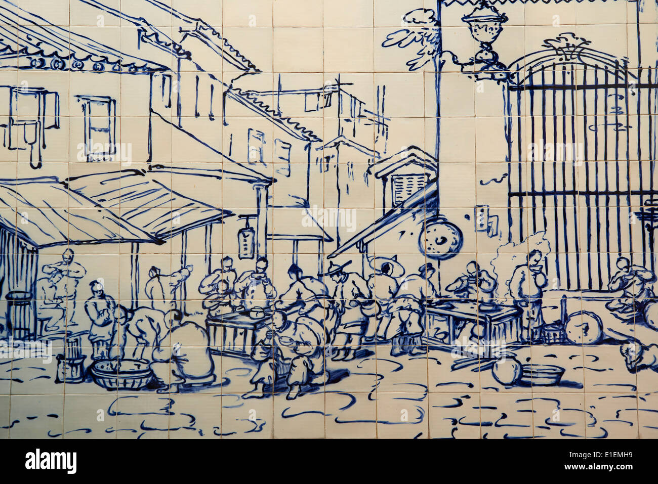 Cina, Macau, piastrelle sulla traversa do Meio, Street Ristorante esterno S. Domingos da Georges Chinnery, 1840 Foto Stock