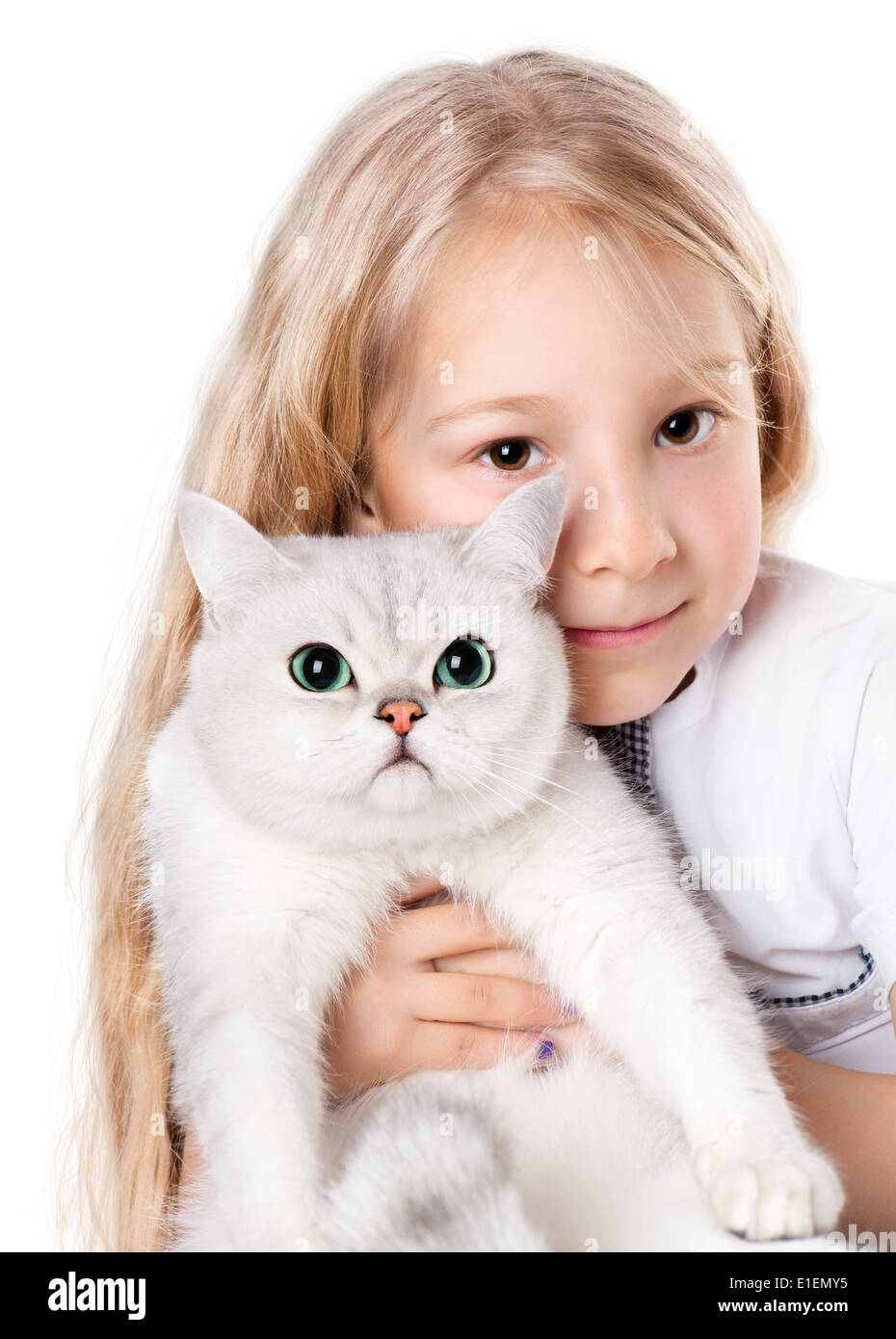 7-8 anni Ragazza con gatto bianco Foto Stock