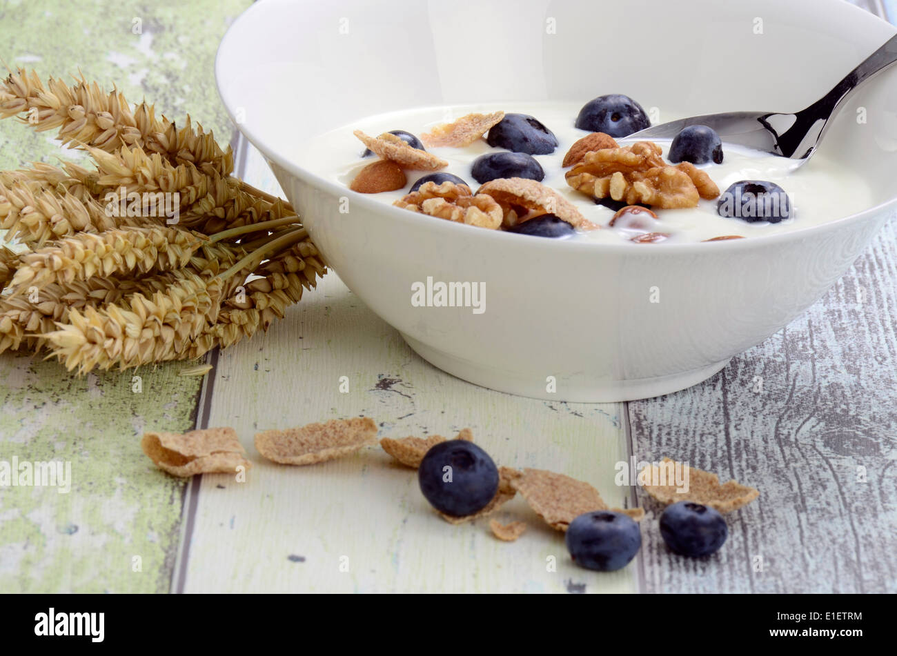 Di yogurt fresco con i cereali e i mirtilli in una ciotola Foto Stock Di yogurt fresco con i cereali e i mirtilli in una ciotola Foto Stock