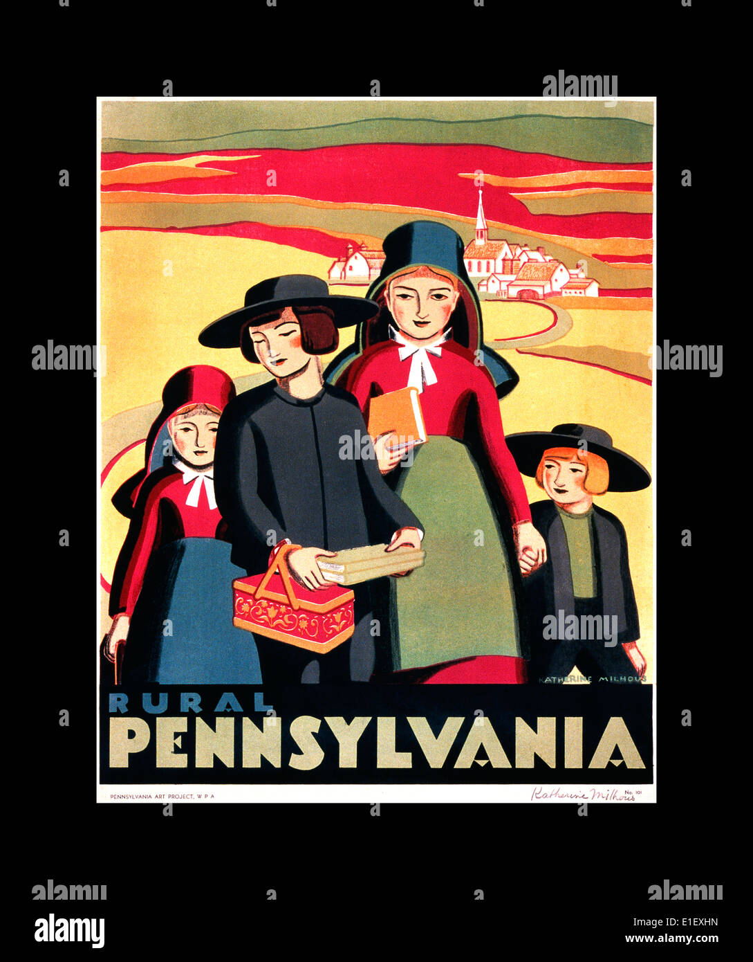 Illustrazione di 1938 comunità Amish in Pennsylvania rurale USA Foto Stock
