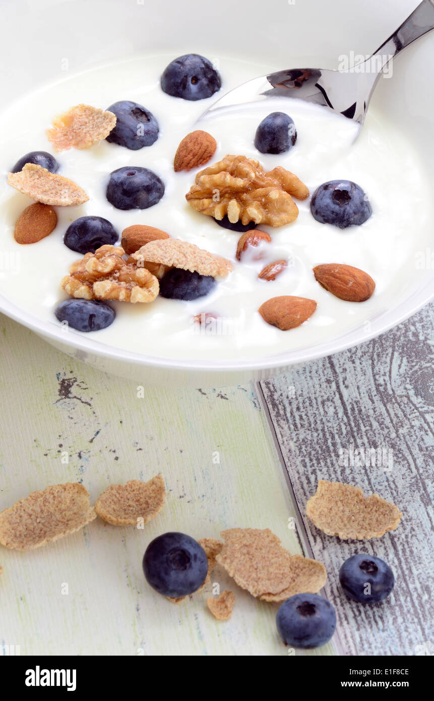 Di yogurt fresco con i cereali e i mirtilli in una ciotola Foto Stock