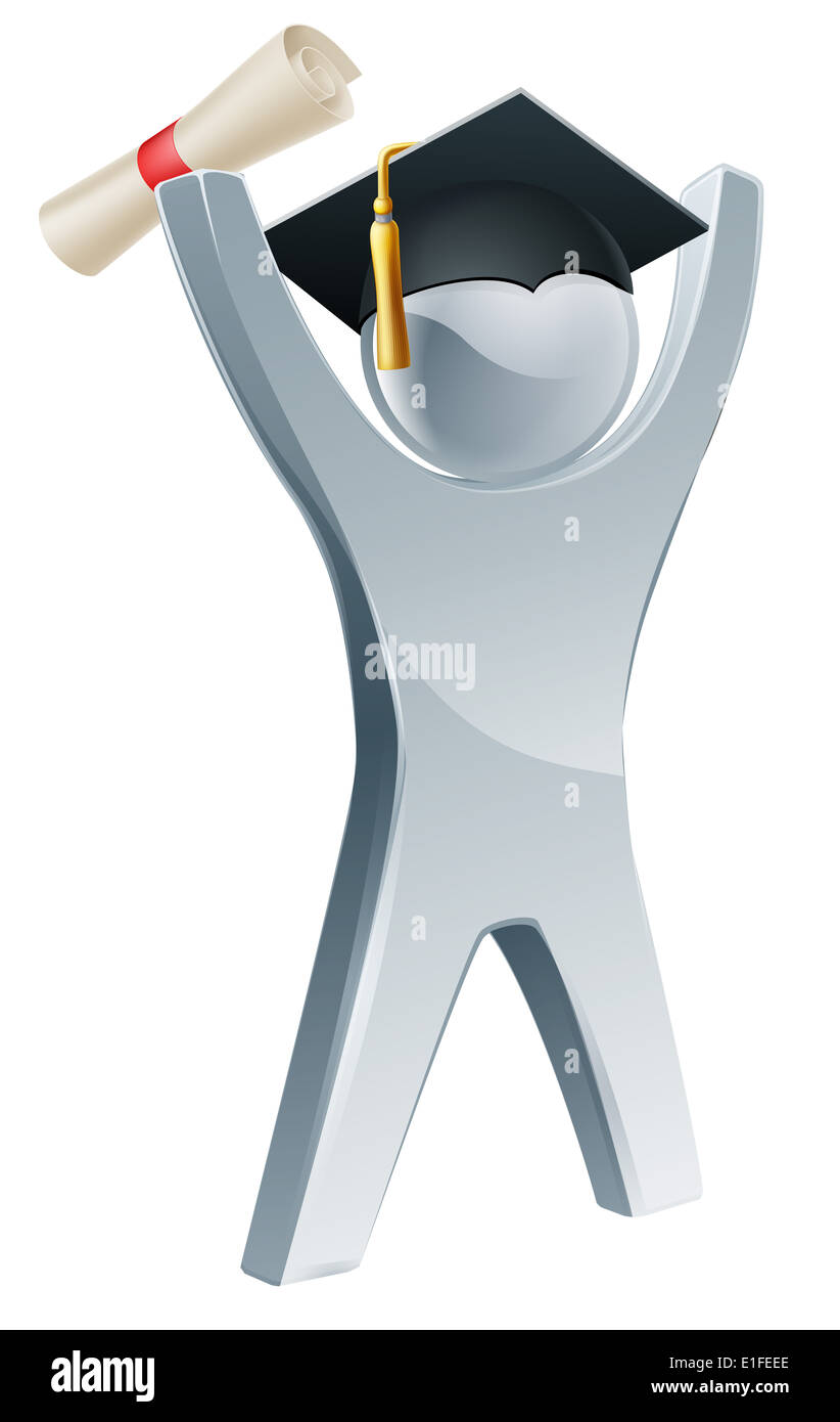 Concetto di convocazione di una mascotte di argento in possesso di un diploma scorrere con bracci razziato e graduazione hat su Foto Stock