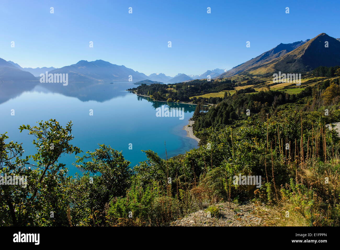 Acque turchesi del lago Wakatipu, intorno a Queenstown, Otago, South Island, in Nuova Zelanda, Pacific Foto Stock