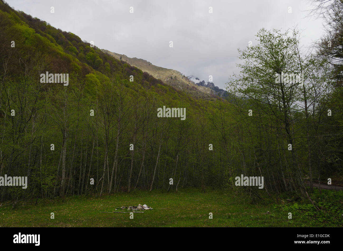 Paesaggio dal monte Rila presso il monastero di Rila, Bulgaria Foto Stock