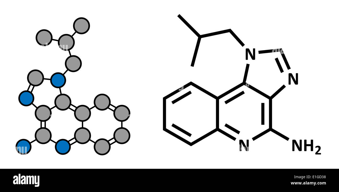 Imiquimod topico della pelle cancro farmaco, struttura chimica. Tradizionale formula scheletrico e rappresentazione stilizzata. Foto Stock