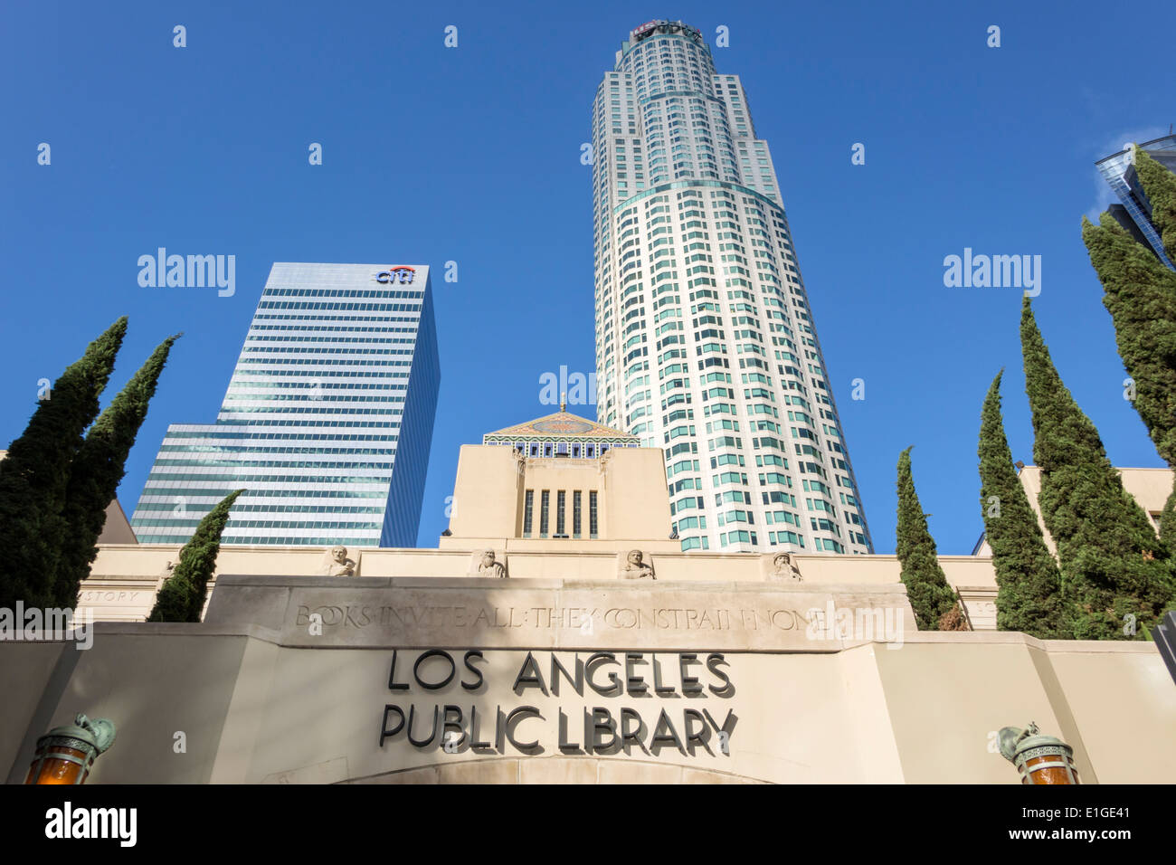 Los Angeles California, centro, skyline della città, Los Angeles Public Library, Richard J. Riordan Central Library, Goodhue Building, 1926, Facadeantary Egypia Foto Stock