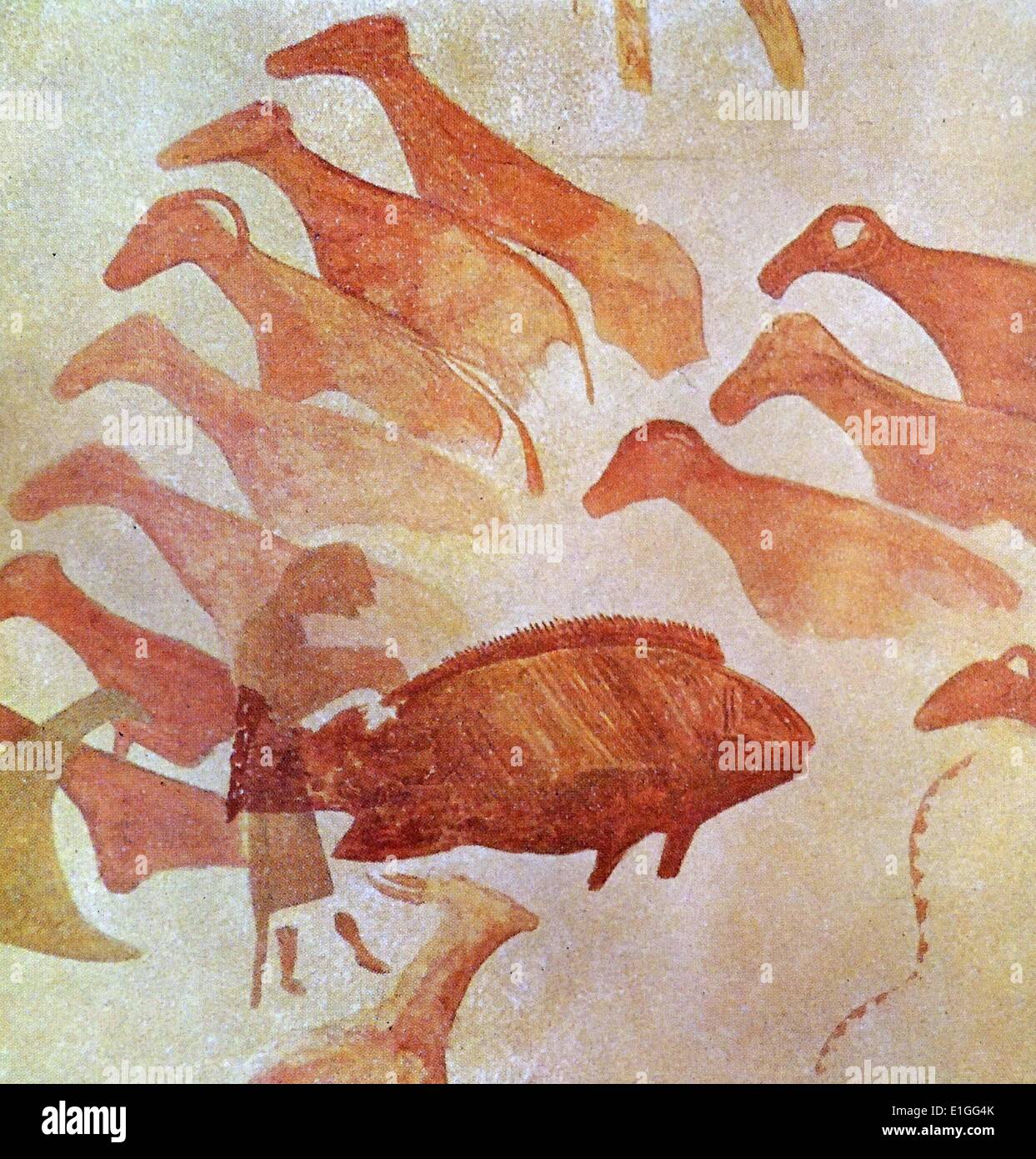 Rock dipinto raffigurante la prima ondata di coloni a Jabbaren. Essi non solo è venuto con i bovini ma con le pecore e le capre. Le capre sono illustrati la stessa razza di capre tenute da i Tuareg oggi. Vi un pesce nella pittura che forma parte di un altro dipinto. Foto Stock