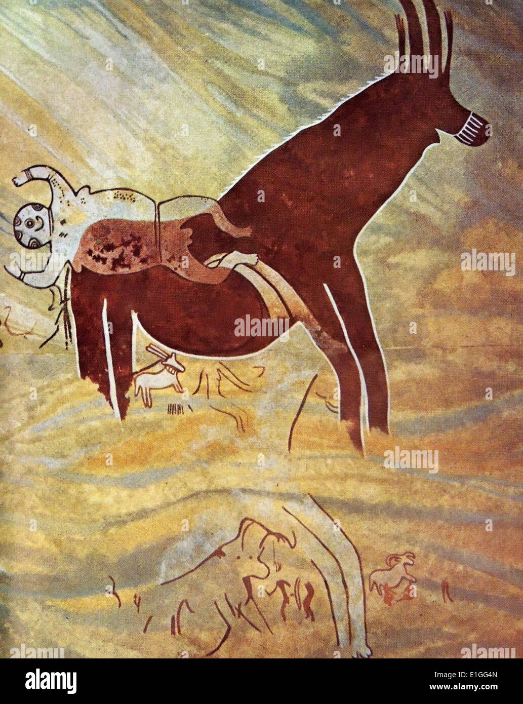 Le pitture rupestri di un cavallo e cavaliere da Jabbaren nel deserto del Sahara. Foto Stock