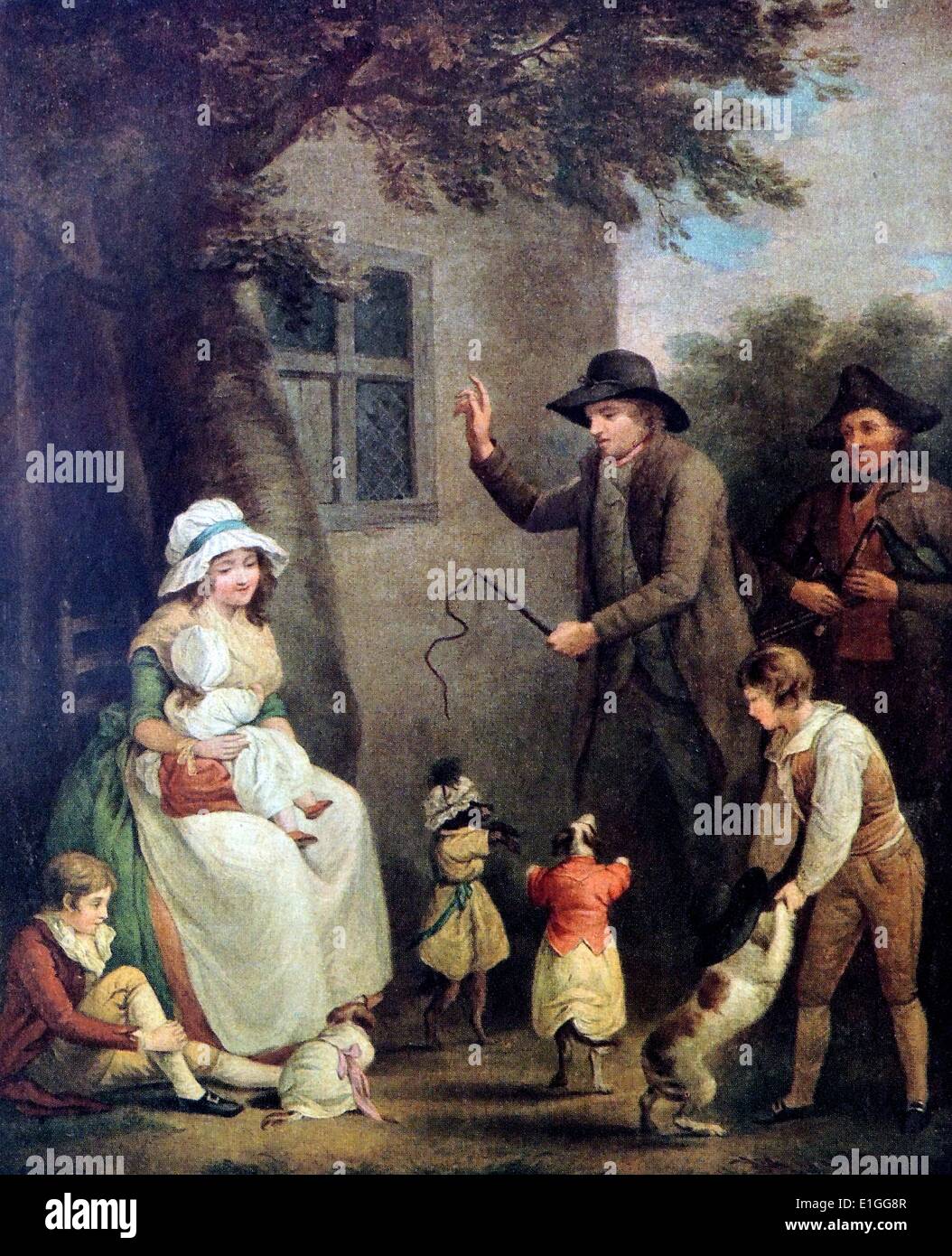 Ritratto di ballare i cani. La scena raffigura cani che sono addestrati per la danza, mentre in costume. Da George Morland (1763 - 1804) un pittore inglese di animali e scene rustiche. Datata 1790. Foto Stock