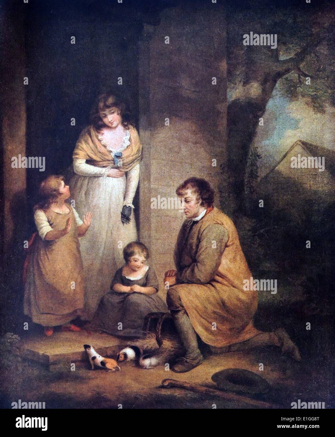 Ritratto di cavie. La scena rappresenta una famiglia gioca con cavie. Da George Morland (1763 - 1804) un pittore inglese di animali e scene rustiche. Datata 1792 Foto Stock