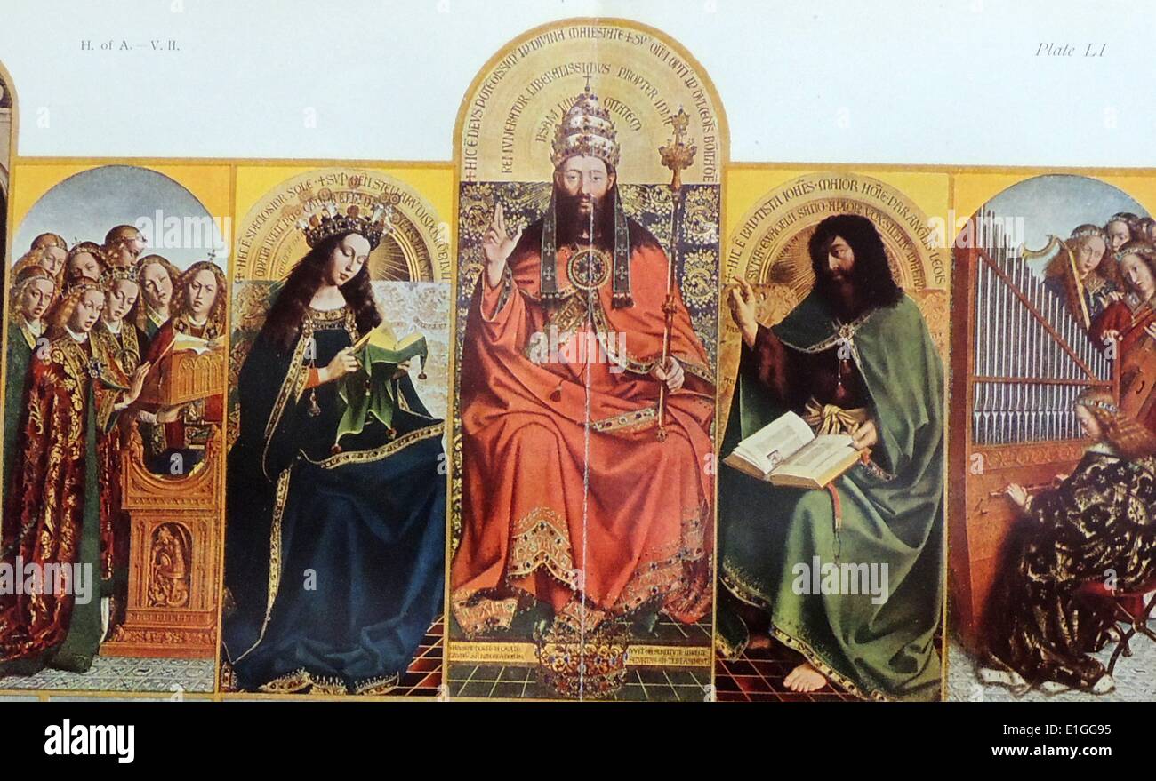 Il Ghent Alterpeice (noto anche come adorazione del mistico Agnello o l Agnello di Dio). Il Alterpeice è composta da 12 pannelli, otto delle quali sono incernierate le persiane. Anche se il lavoro è stato commissionato da Hubert van Eyck (1385-90 - 1426) la maggior parte del lavoro è stata completata dal suo fratello più giovane Jan van Eyck (1390 - 1441). I tre caratteri centrale da sinistra a destra sono: la Vergine Maria, l'Onnipotente, Giovanni Battista. Datata xv secolo. Foto Stock