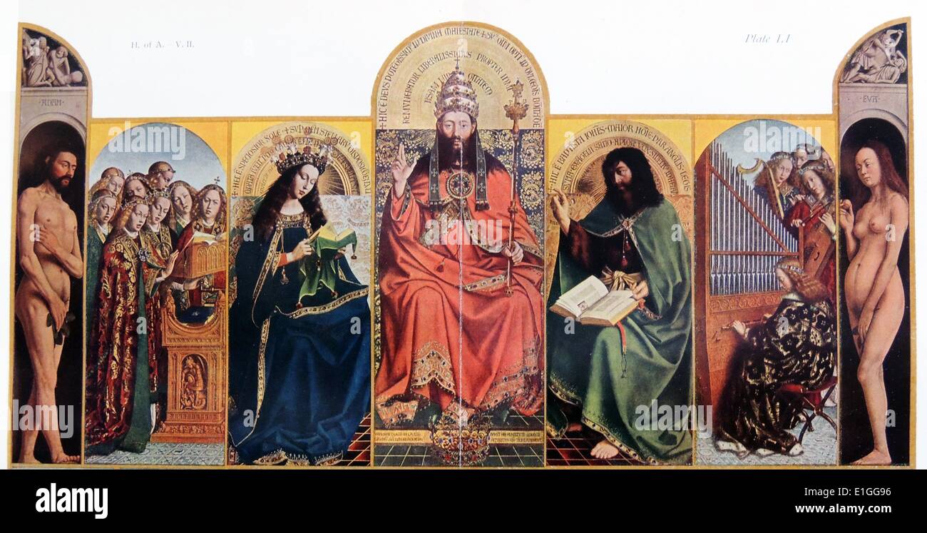 Il Ghent Alterpeice (noto anche come adorazione del mistico Agnello o l Agnello di Dio). Il Alterpeice è composta da 12 pannelli, otto delle quali sono incernierate le persiane. Anche se il lavoro è stato commissionato da Hubert van Eyck (1385-90 - 1426) la maggior parte del lavoro è stata completata dal suo fratello più giovane Jan van Eyck (1390 - 1441). I tre caratteri centrale da sinistra a destra sono: la Vergine Maria, l'Onnipotente, Giovanni Battista. Datata xv secolo. Foto Stock