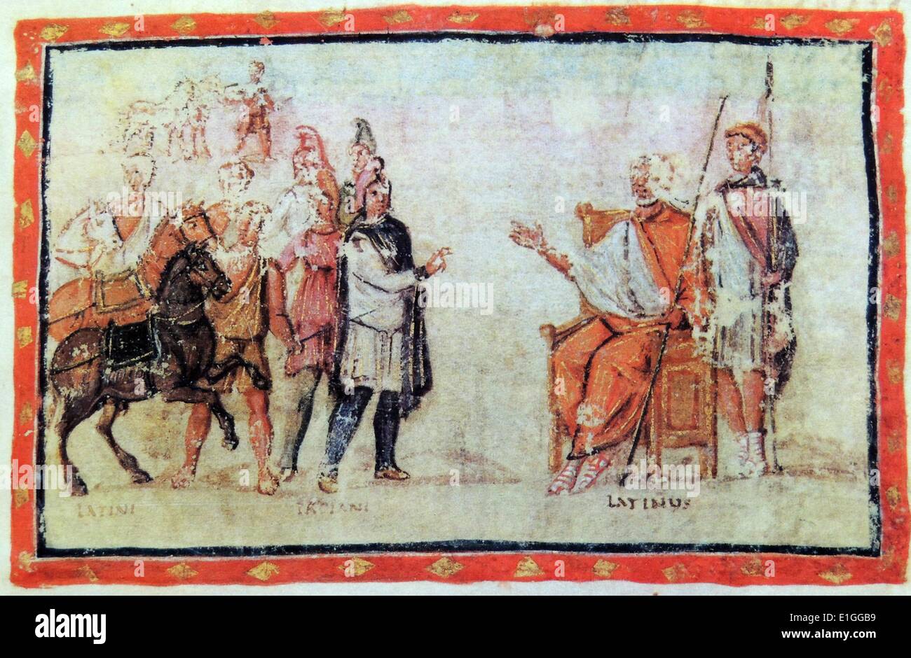 Parte di un manoscritto del IV secolo raffigurante Enea è ricevuto dal Re Latinus in Italia. Dopo molta amarezza e della guerra egli sposa Lavinia, Latinus' figlia e le regole su ciò che era divenuto Roma. In data 4° secolo Foto Stock