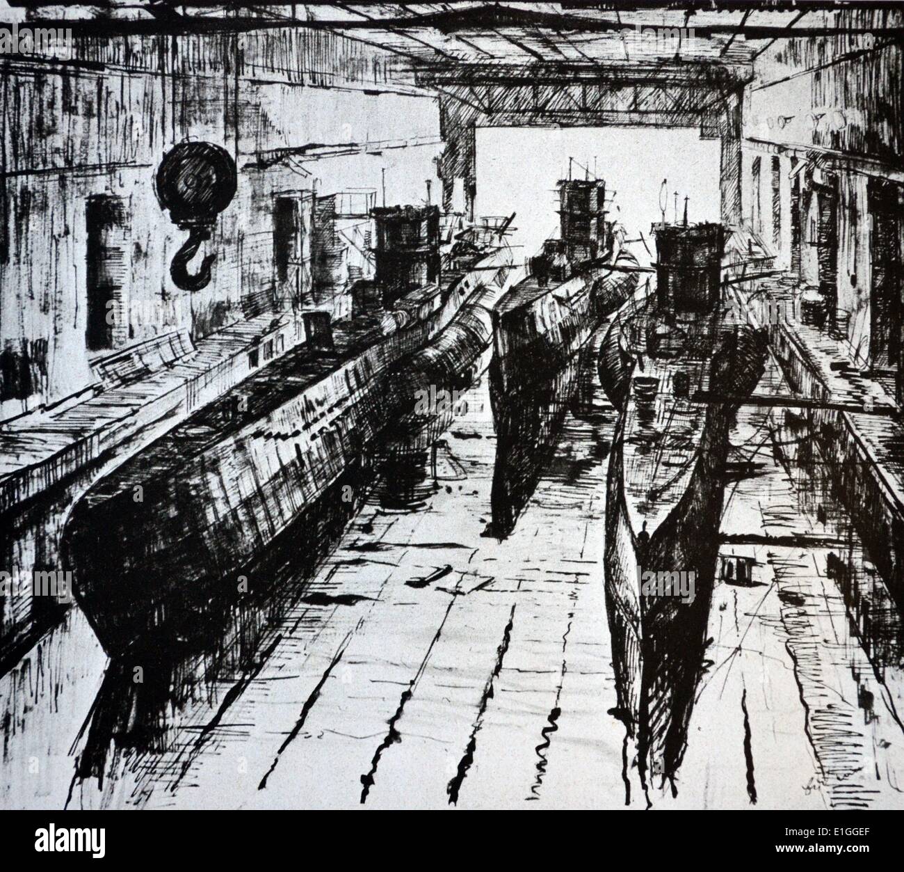 Un U-boat dock sottomarino con tre sommergibili da Lothar-Günther Buchheim (6 febbraio 1918 - 22 febbraio 2007) autore tedesco e pittore. Egli è il più noto per il suo romanzo Das Boot (1973), che divenne un best seller internazionale ed è stato adattato nel 1981 come un Oscar-nominato film. Foto Stock