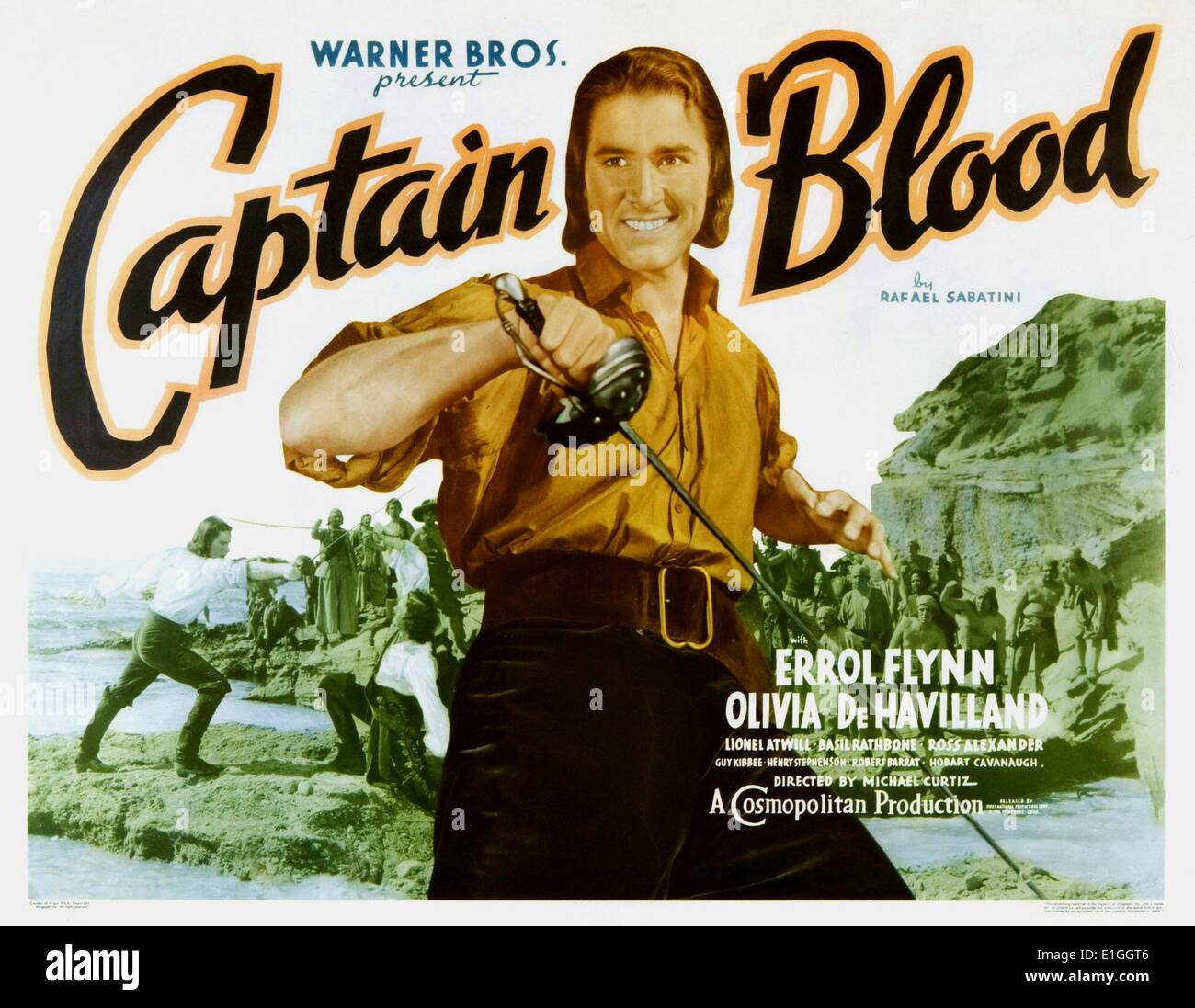 Capitano sangue un 1935 American film di cappa e spada con protagonista interpretato da Errol Flynn, Olivia de Havilland e Basil Rathbone. Foto Stock