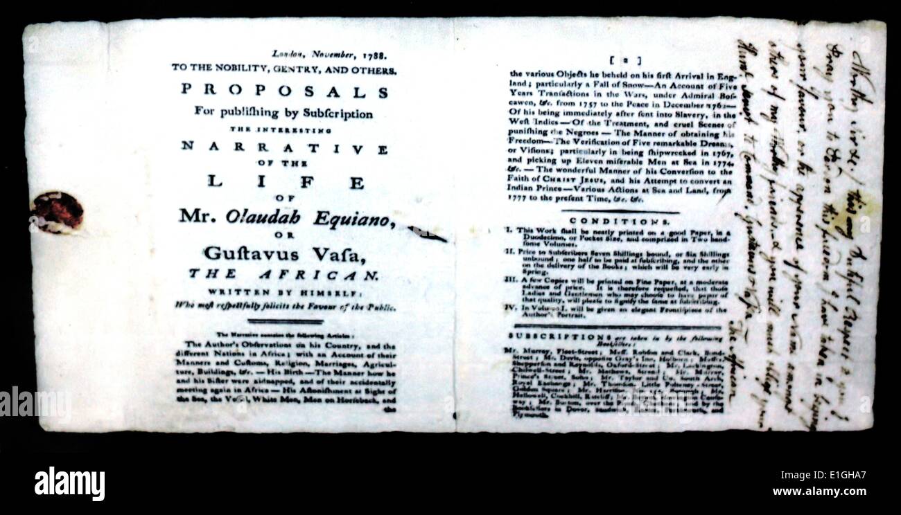 Spot per la autobiografia di Olaudah Equiano (c. 1745 - 31 Marzo 1797)[1] Conosciuto anche come Gustavo Vassa, prominente African coinvolti nel movimento britannica per l'abolizione del commercio degli schiavi. Egli è stato schiavizzato come un bambino nella sua città natale di Essaka in che cosa ora è a sud est della Nigeria, spediti alla West Indies, si trasferì in Inghilterra e acquistato con successo la sua libertà. La sua autobiografia Il interessante racconto della vita di Olaudah Equiano, illustra gli orrori della schiavitù e influenzato la promulgazione dello Slave Trade Act del 1807. Foto Stock