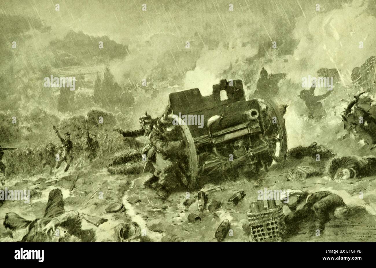 Artiglieria tedesca ritirata durante un attacco da parte delle forze francesi nella Prima Guerra Mondiale Foto Stock