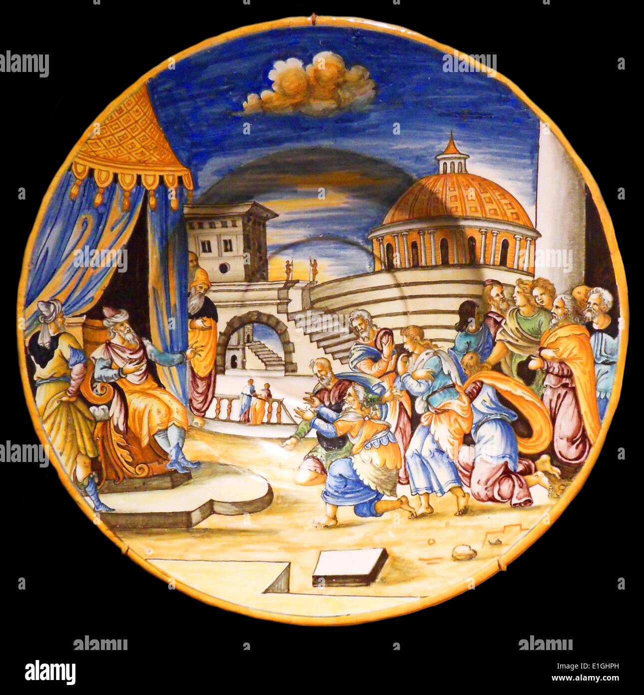 Altopiano, stagno-terracotta smaltata (maiolica o faience). Creato per le bibbie in volgare pubblicato a Lione, ca. 1560-80. Foto Stock