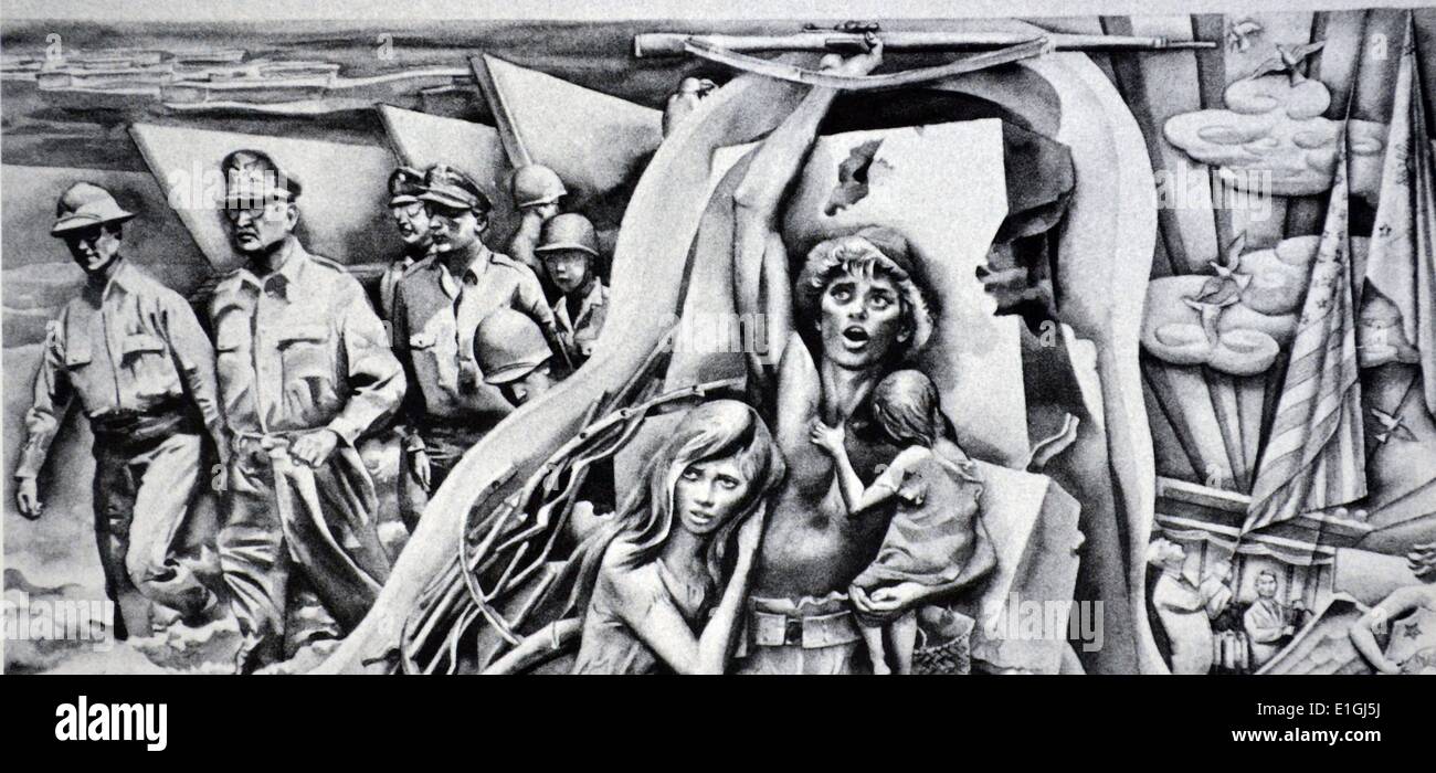 Carlos V. Francisco, storico sbarco in Leyte, la liberazione delle Filippine, 1964, acquerello. Foto Stock