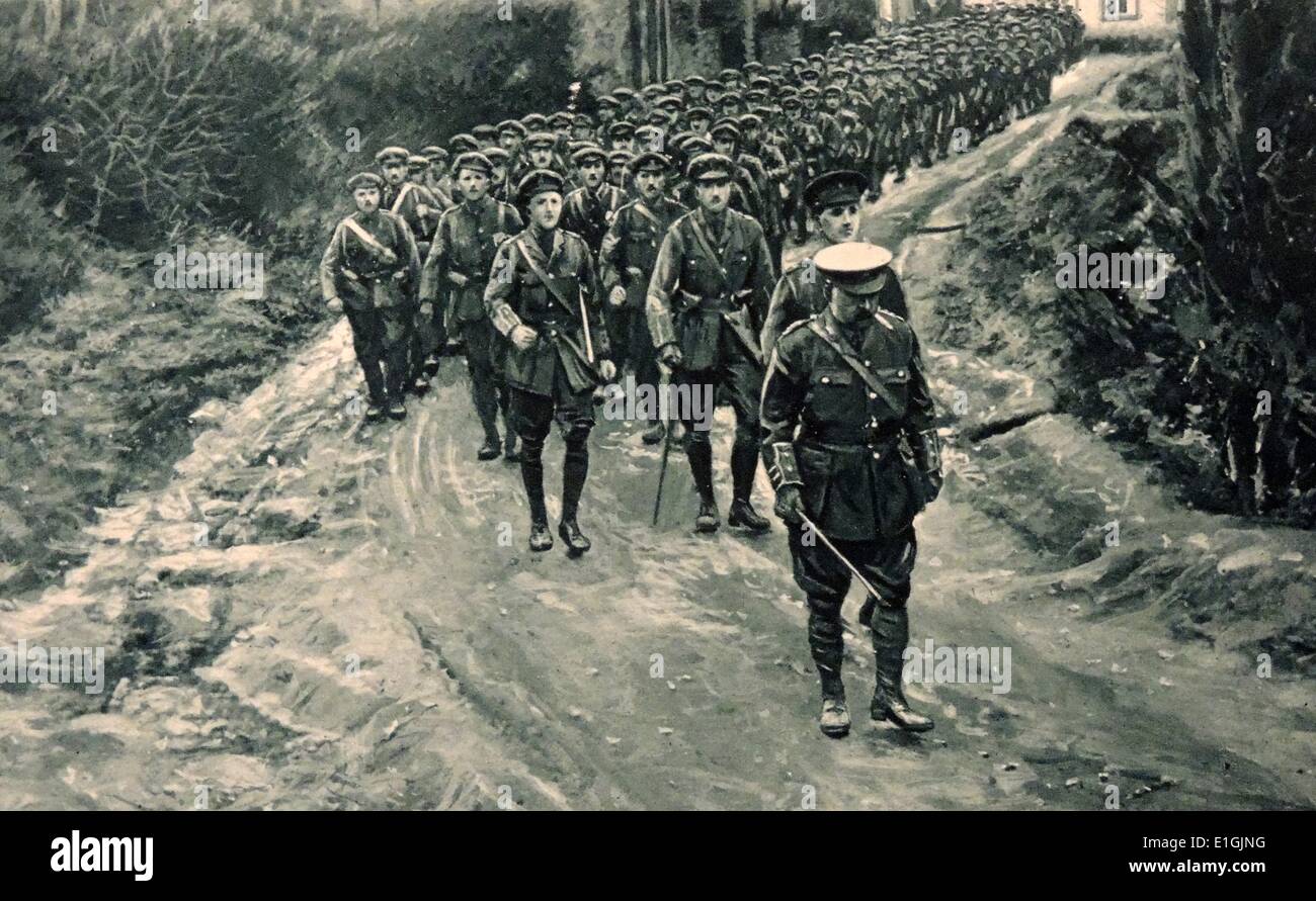 Soldati britannici parade attraverso un paese belga lane nella Prima Guerra Mondiale. Foto Stock
