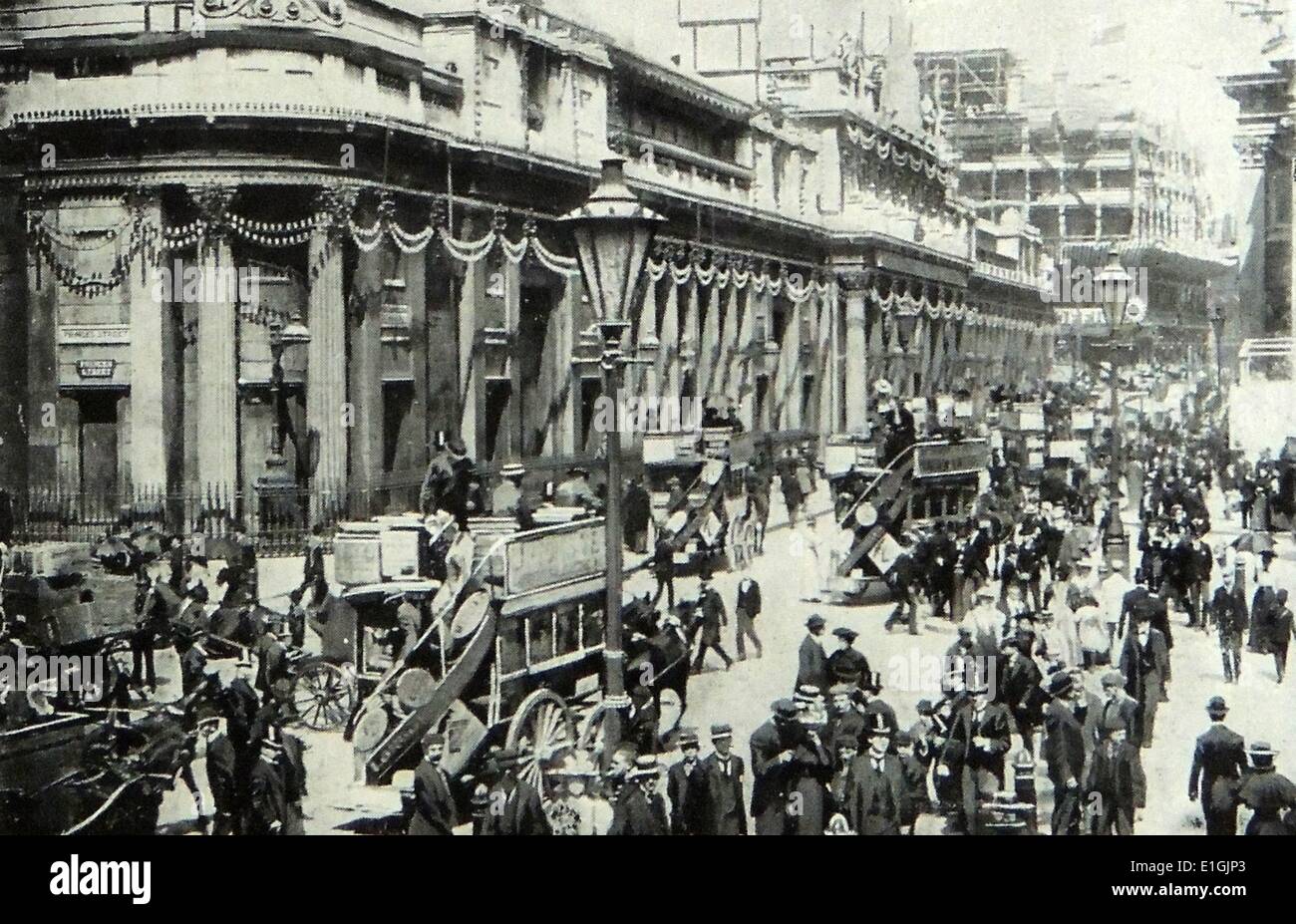 Cavallo e tram nel quartiere finanziario di Londra nel 1897 Foto Stock
