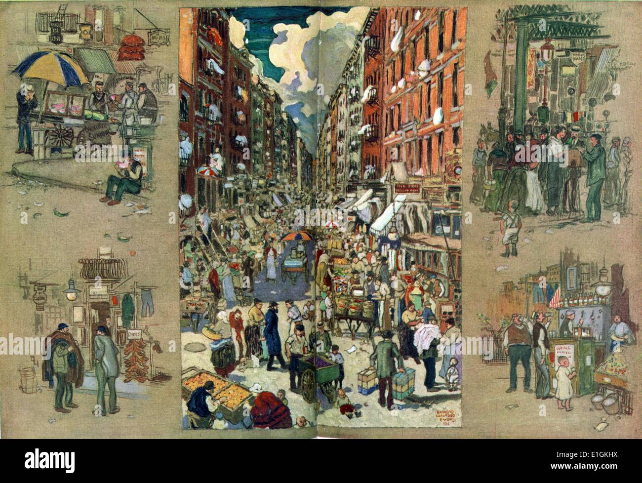 Giorni d'estate sull'East Side di New York da Raymond Crawford Ewer 1914; la pittura mostra una strada affollata tra tenement edifici, con i venditori ambulanti di rivestimento del street, anche viste vignette di vetrine, fornitori e una riunione sociale su un angolo di strada, eventualmente attorno ad un fotografo. Foto Stock