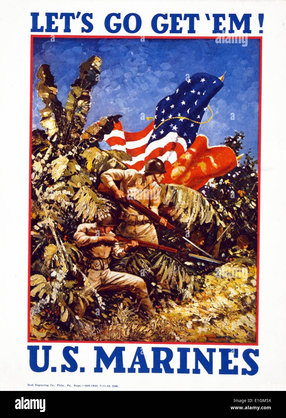 Andiamo per ottenere 'em! Stati Uniti Marines / Guinness, Capitano USMC. 1942 poster Marines cuscinetto fucili con baionette e bandiere in una giungla. Foto Stock
