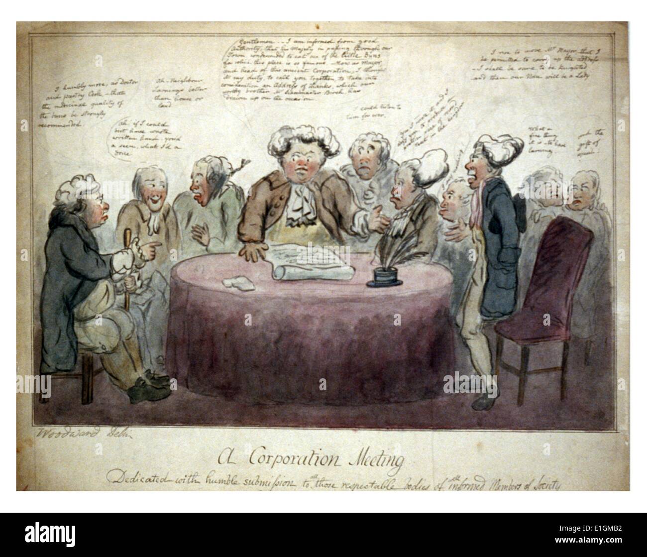 Disegno ad acquerello di una corporation incontro tra dieci membri di una città corporation, tra cui il sindaco. Creato da George Woodward (1760-1809). Datata 1800 Foto Stock