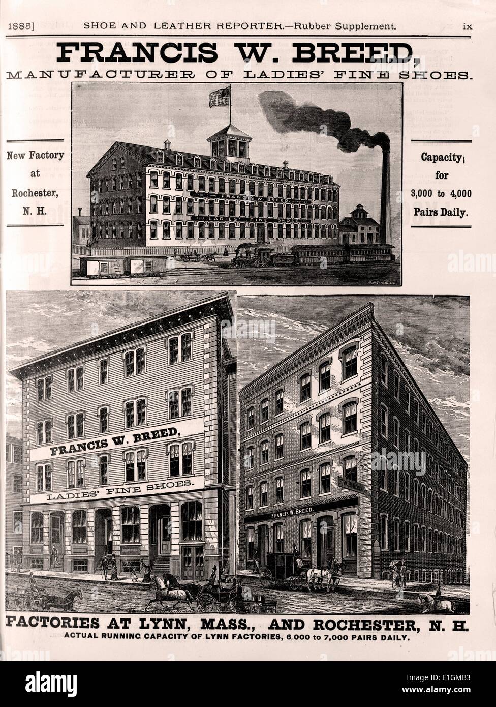 Stampa mostra la parte esterna di Francesco W. fabbriche di razza. Le fabbriche sarebbe fabbricazione fino a 7.000 paia di scarpe al giorno. Datata 1885 Foto Stock