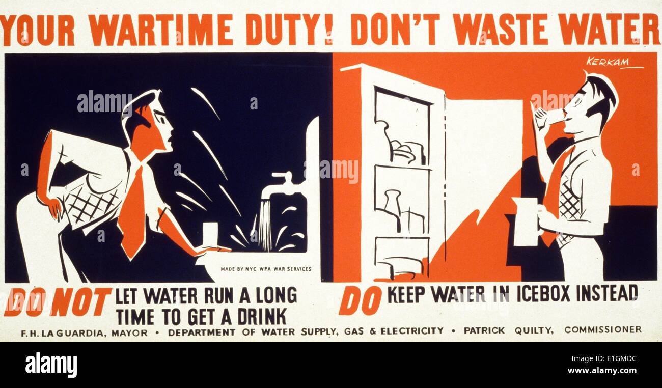 Il tempo di guerra poster : Non sprecare acqua non utilizzare il tubo di lavaggio per la vostra automobile. Non utilizzare acqua da un secchio . Poster da Earl Kerkam (1891-1965). Datata 1942 Foto Stock