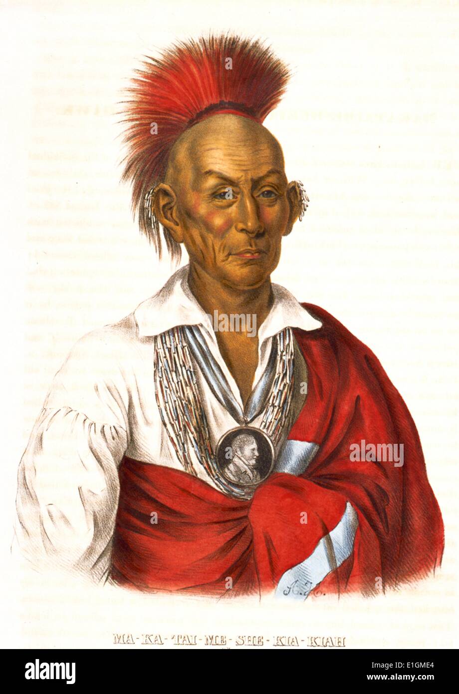Stampa mostra Ma-Ka-Tai-Me-She-Kia-kiah, testa e spalle ritratto, rivolta leggermente a destra, con coperta poggiata sulla spalla sinistra, con molti orecchini e indossando un ritratto medaglione intorno al suo collo. Foto Stock