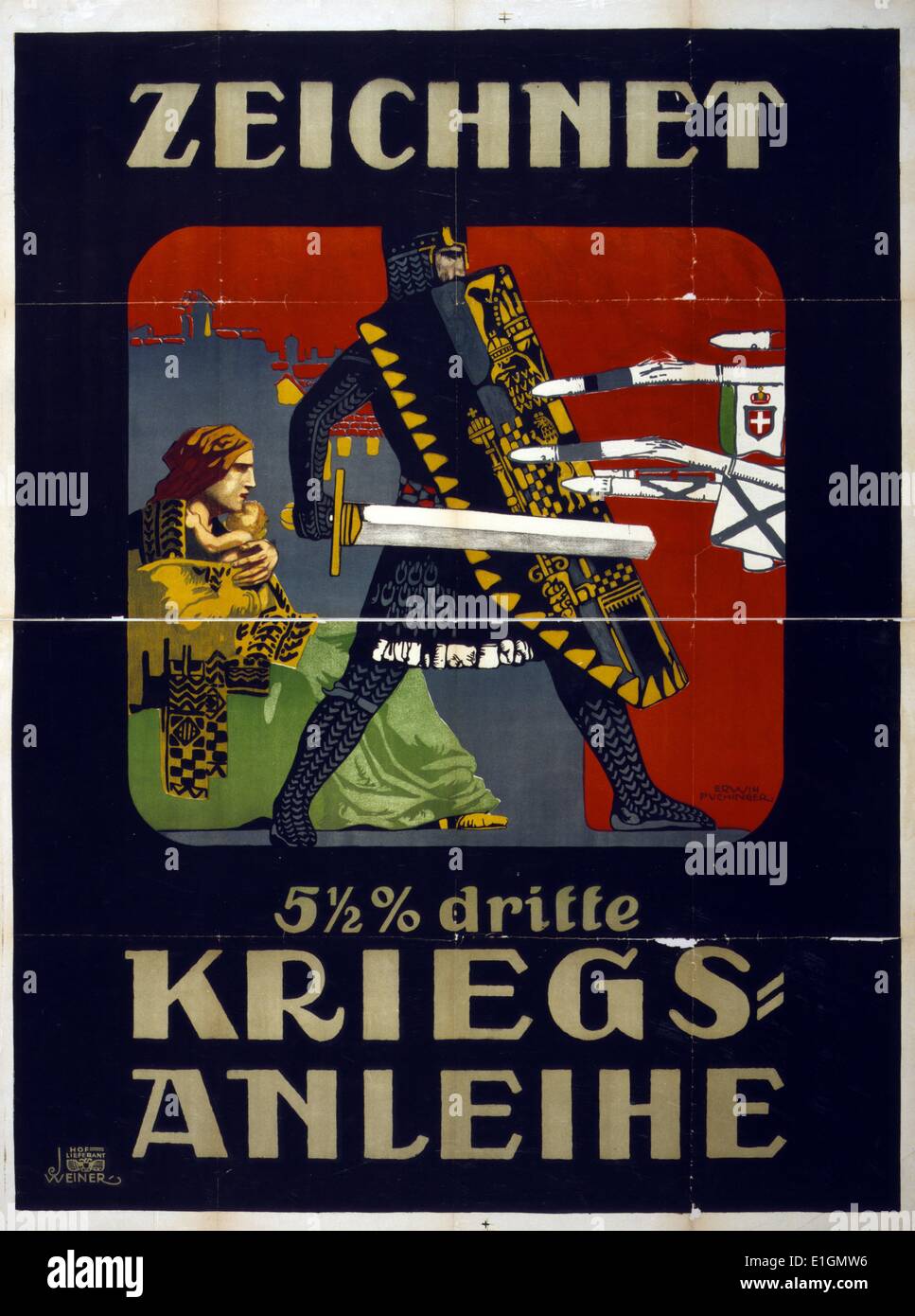 Poster mostra un cavaliere medievale con una protezione cuscinetto L'Austriaco stemma, a protezione di una donna accovacciata con il suo bambino. Spade e/o lucci, alcune rotte, sono puntati verso il cavaliere. Testo: iscriviti al 5 ½ % terzo prestito di guerra. Foto Stock